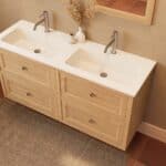 Modern naturel eiken badkamermeubel 140 cm met twee lades en mat witte mineraalstenen wastafel