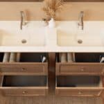 Modern donker eiken badkamermeubel 140 cm met twee lades en mat witte mineraalstenen wastafel