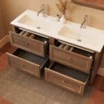 Modern donker eiken badkamermeubel 140 cm met twee lades en mat witte mineraalstenen wastafel