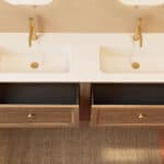 Modern donker eiken badkamermeubel 160 cm met één lade en mat witte mineraalstenen wastafel