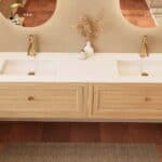 Hangend naturel eiken badkamermeubel 200 cm met één lade en mat witte solid surface wastafel