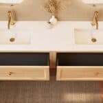 Hangend naturel eiken badkamermeubel 200 cm met één lade en mat witte solid surface wastafel