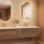 Modern donker eiken badkamermeubel 200 cm met één lade en mat witte solid surface wastafel