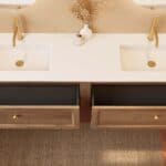 Modern donker eiken badkamermeubel 200 cm met één lade en mat witte solid surface wastafel