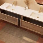 Modern donker eiken badkamermeubel 200 cm met één lade en mat witte solid surface wastafel