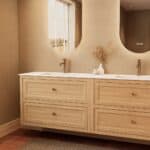 Modern naturel eiken badkamermeubel 200 cm met vier lades en mat witte solid surface wastafel