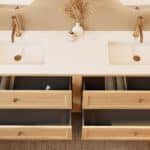 Modern naturel eiken badkamermeubel 200 cm met vier lades en mat witte solid surface wastafel