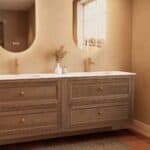 Modern donker eiken badkamermeubel 200 cm met twee lades en mat witte solid surface wastafel