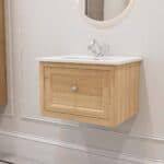 Hangend modern badmeubel 60 cm in massief naturel eiken met vlak front en keramische wastafel