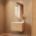 Modern naturel eiken badkamermeubel 60 cm met één lade en mat witte mineraalstenen wastafel