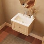 Modern naturel eiken badkamermeubel 60 cm met één lade en mat witte mineraalstenen wastafel