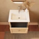 Modern naturel eiken badkamermeubel 60 cm met één lade en mat witte mineraalstenen wastafel