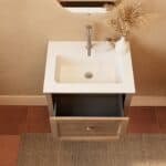 Modern donker eiken badkamermeubel 60 cm met één lade en mat witte mineraalstenen wastafel