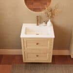 Modern naturel eiken badkamermeubel 60 cm met twee lades en mat witte mineraalstenen wastafel