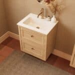 Modern naturel eiken badkamermeubel 60 cm met twee lades en mat witte mineraalstenen wastafel
