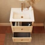 Modern naturel eiken badkamermeubel 60 cm met twee lades en mat witte mineraalstenen wastafel