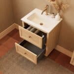 Modern naturel eiken badkamermeubel 60 cm met twee lades en mat witte mineraalstenen wastafel