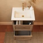 Modern donker eiken badkamermeubel 60 cm met twee lades en mat witte mineraalstenen wastafel