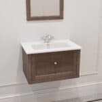Hangend modern badmeubel 70 cm in massief donker eiken met vlak front en keramische wastafel