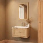 Modern naturel eiken badkamermeubel 70 cm met één lade en mat witte mineraalstenen wastafel