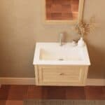Modern naturel eiken badkamermeubel 70 cm met één lade en mat witte mineraalstenen wastafel