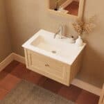 Modern naturel eiken badkamermeubel 70 cm met één lade en mat witte mineraalstenen wastafel