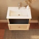 Modern naturel eiken badkamermeubel 70 cm met één lade en mat witte mineraalstenen wastafel