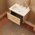 Modern naturel eiken badkamermeubel 70 cm met één lade en mat witte mineraalstenen wastafel