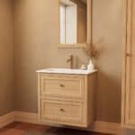 Modern naturel eiken badkamermeubel 70 cm met twee lades en mat witte mineraalstenen wastafel