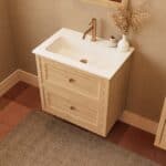 Modern naturel eiken badkamermeubel 70 cm met twee lades en mat witte mineraalstenen wastafel