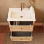 Modern naturel eiken badkamermeubel 70 cm met twee lades en mat witte mineraalstenen wastafel