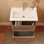 Modern donker eiken badkamermeubel 70 cm met twee lades en mat witte mineraalstenen wastafel