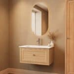 Modern naturel eiken badkamermeubel 80 cm met één lade en mat witte mineraalstenen wastafel
