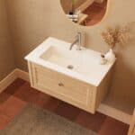 Modern naturel eiken badkamermeubel 80 cm met één lade en mat witte mineraalstenen wastafel
