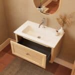 Modern naturel eiken badkamermeubel 80 cm met één lade en mat witte mineraalstenen wastafel