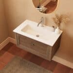 Modern donker eiken badkamermeubel 80 cm met één lade en mat witte mineraalstenen wastafel
