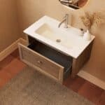 Modern donker eiken badkamermeubel 80 cm met één lade en mat witte mineraalstenen wastafel