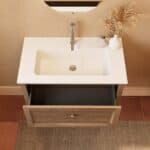 Modern donker eiken badkamermeubel 80 cm met één lade en mat witte mineraalstenen wastafel