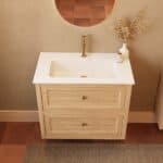 Modern naturel eiken badkamermeubel 80 cm met twee lades en mat witte mineraalstenen wastafel