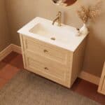 Modern naturel eiken badkamermeubel 80 cm met twee lades en mat witte mineraalstenen wastafel