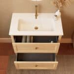 Modern naturel eiken badkamermeubel 80 cm met twee lades en mat witte mineraalstenen wastafel
