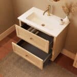 Modern naturel eiken badkamermeubel 80 cm met twee lades en mat witte mineraalstenen wastafel