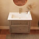 Modern donker eiken badkamermeubel 80 cm met twee lades en mat witte mineraalstenen wastafel