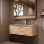 Hangend naturel eiken badkamermeubel 120 cm met één lade en dubbele Mat Beige mineraalstenen wastafel