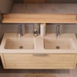Hangend naturel eiken badkamermeubel 120 cm met één lade en dubbele Mat Beige mineraalstenen wastafel