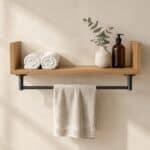 Wandplank van massief eikenhout in de kleur Naturel Eiken. Voorzien van een onzichtbare bevestiging en perfect voor badkamer, toilet of woonruimte.