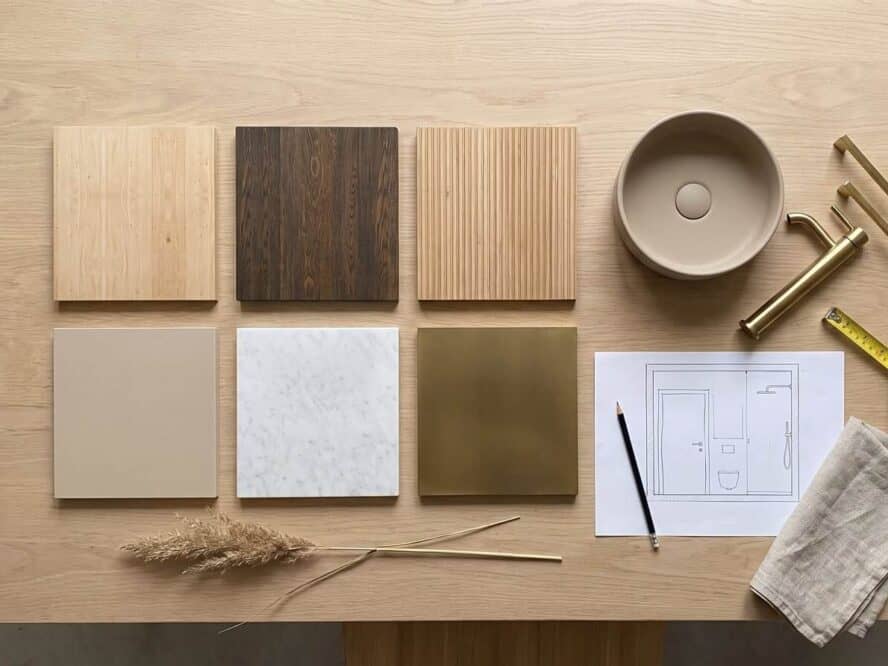 Badkamermeubelset Samenstellen Materialen Flatlay Aspect Ratio 4 3