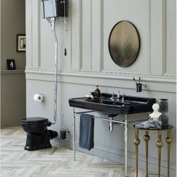 mooie klassieke wastafel in het zwart met zwart toilet in een klassieke badkamer