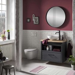badkamer met een zwart badmeubel en wandtoilet