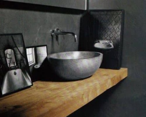mooi industrieel badkamermeubel met betonnen waskom en wabi sabi look
